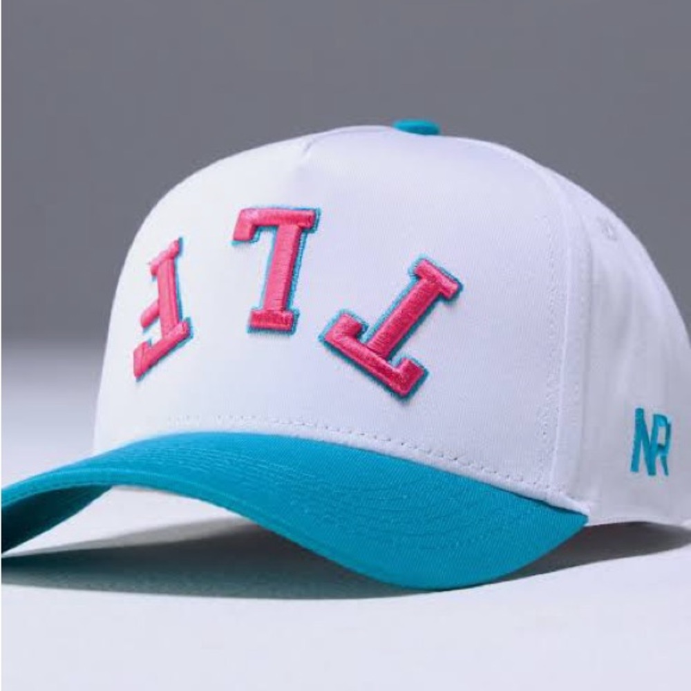 TLF x No Rivals White Trucker Hat with Teal Brim and Teal Embroidery
